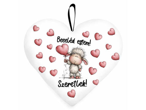 Kicsi szív párna (25×21 cm) „Beeeléd estem! Szeretlek!” bárányos Valentin-napi ajándék